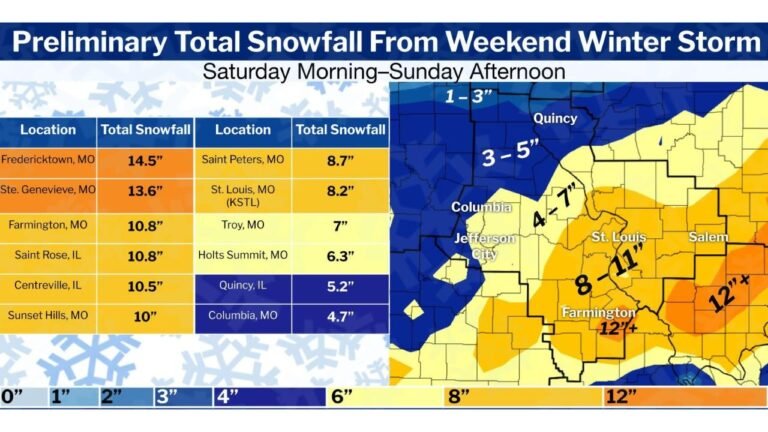 Missouri and Illinois Record Heavy Weekend Snowfall as 8–11 Inch Band Sets Up Along I-44 and I-70, With Isolated 12+ Inch Totals
