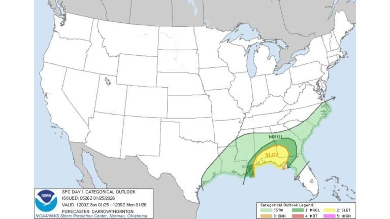 Mobile, Alabama Under Slight Risk for Severe Storms as SPC Flags Eastern Gulf Coast Overnight