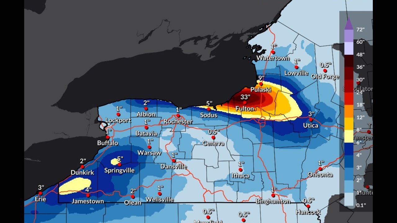 New York Lake-effect Snow Intensifies Across Central and Western New York as Fulton Area Targets Over 30 Inches Through Monday