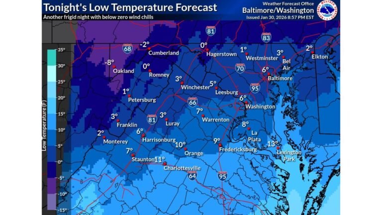 Mid-Atlantic Braces for Dangerous Overnight Cold as Wind Chills Drop Below Zero Across Maryland, Virginia, D.C., and West Virginia