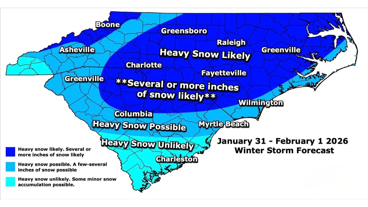 North Carolina and South Carolina Face Potentially Historic Snowstorm as Heavy Snow Signals Increase for January 31–February 1
