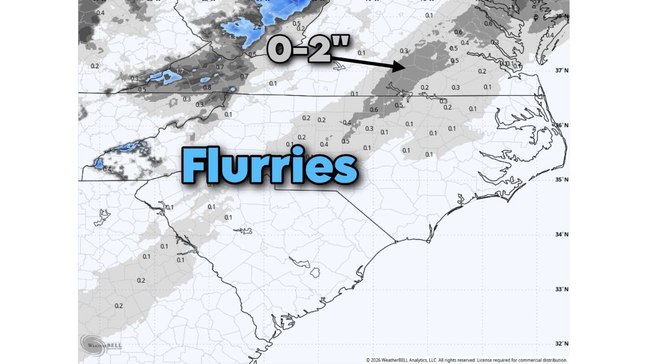 North Carolina and South Carolina Likely to See Mostly Flurries as Offshore Storm Track Limits Snow Potenti