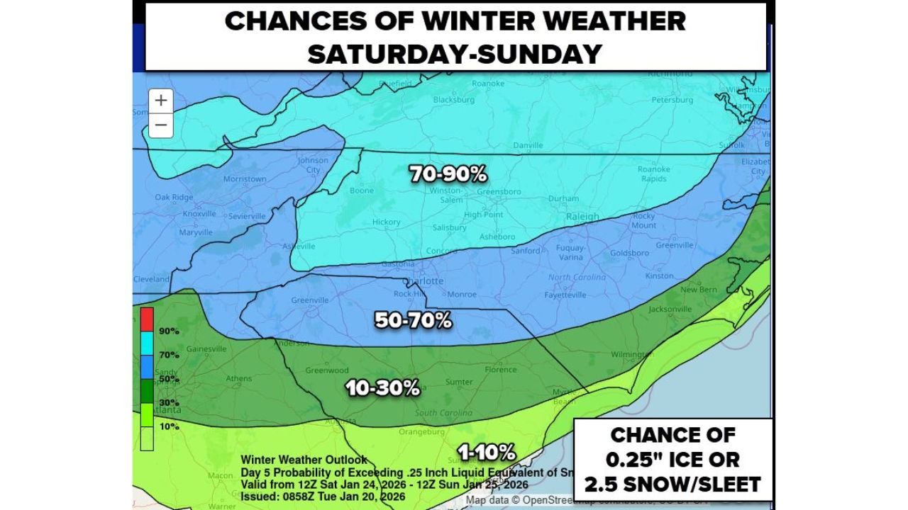 North Carolina and Virginia Face Highest Winter Storm Risk This Weekend as Snow and Ice Chances Increase Across South Carolina and Georgia