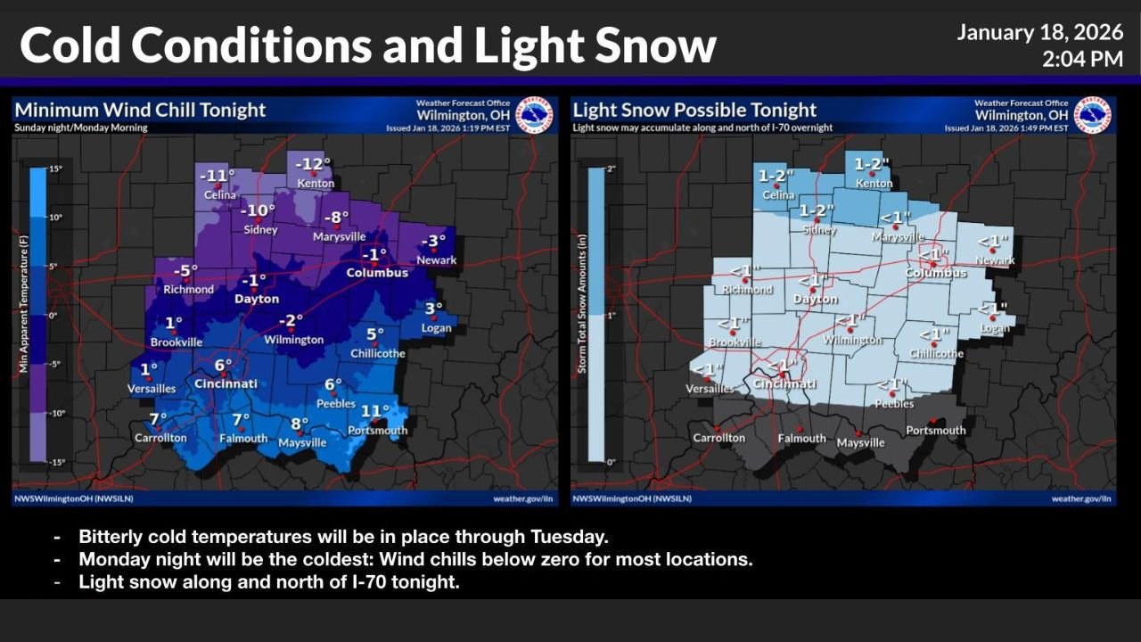 Ohio and Indiana Face Bitter Cold, Dangerous Wind Chills, and Light Snow as Arctic Air Tightens Grip Tonight