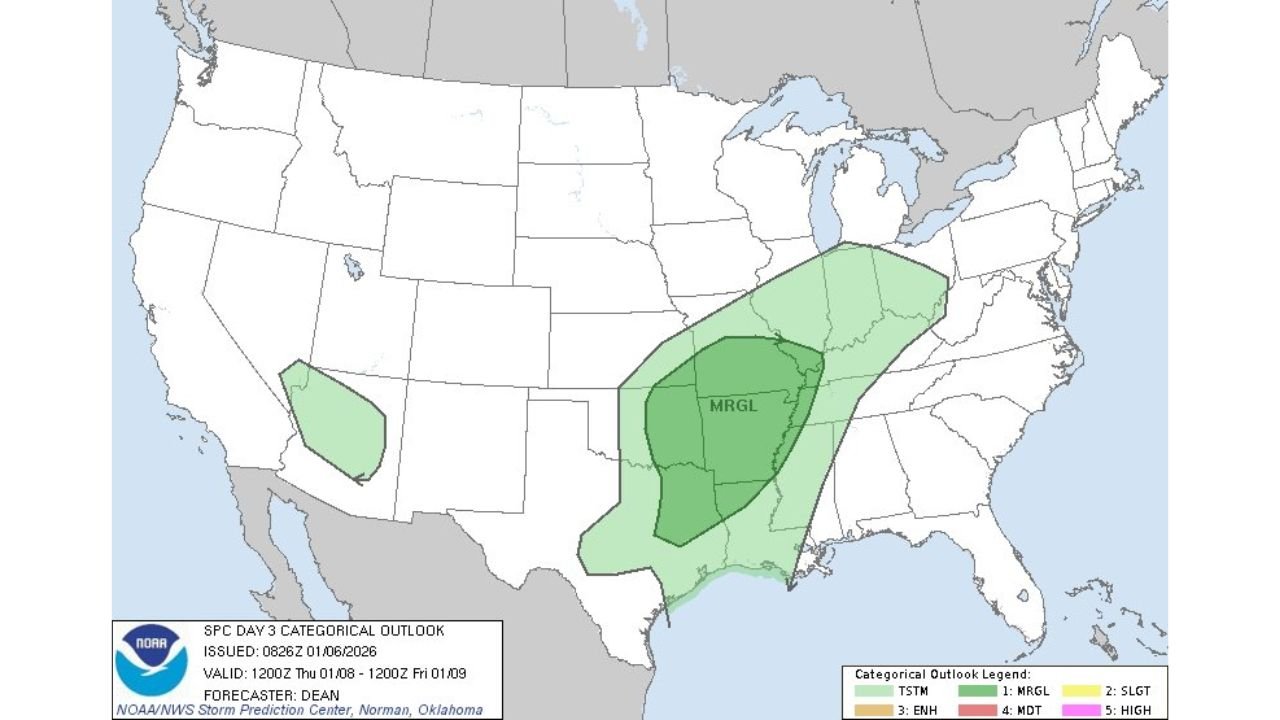 Oklahoma, Texas, Arkansas, Missouri, and Mississippi Placed Under Marginal Severe Weather Risk as SPC Flags Day 3 Storm Threat Across Central U.S.