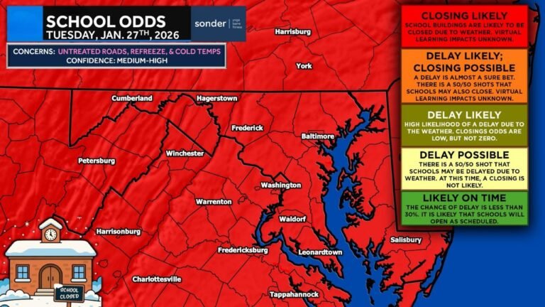 Pennsylvania, Maryland, Virginia, and West Virginia Schools Likely Closed Tuesday as Refreeze, Untreated Roads, and Dangerous Cold Follow Winter Storm