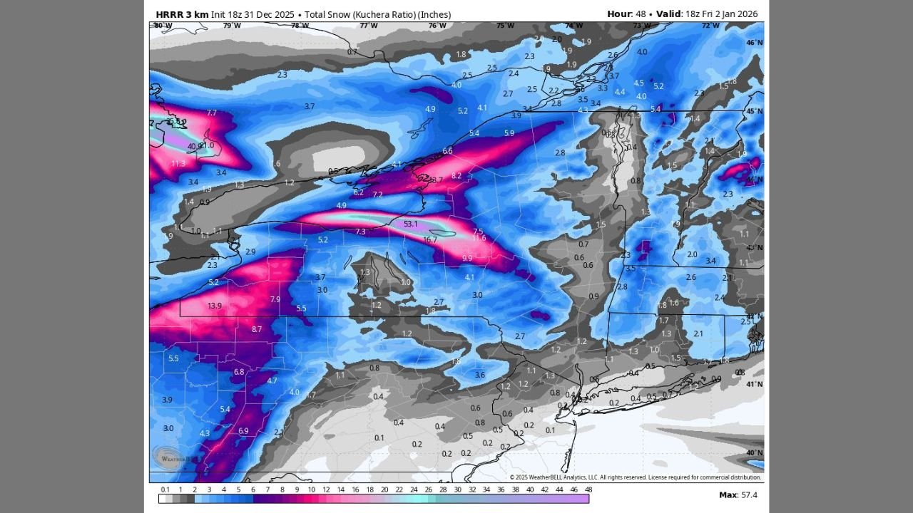 Potentially Historic Lake-Effect Snow Targets Central New York as HRRR Shows Up to 57 Inches Northwest of Syracuse, New York