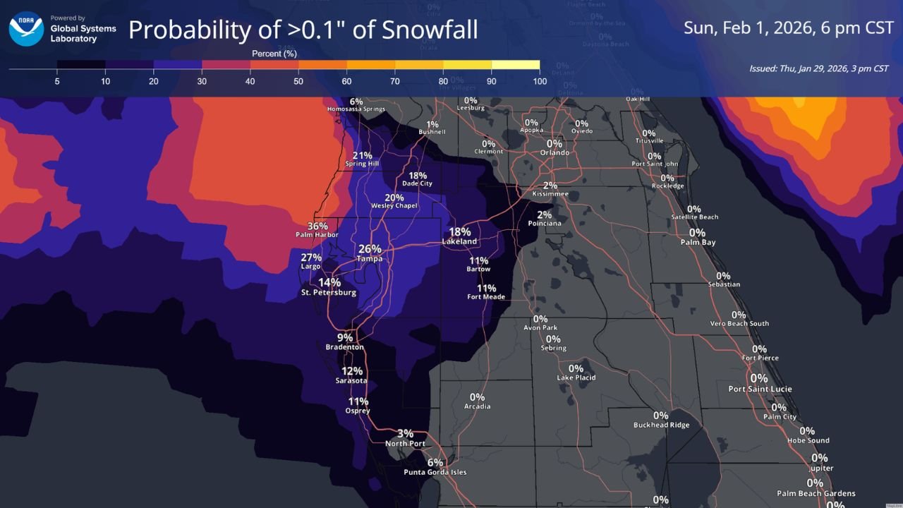 Rare Forecast Shows a Small Chance of Snowflakes Across West-Central Florida This Weekend, but Accumulation Is Unlikely