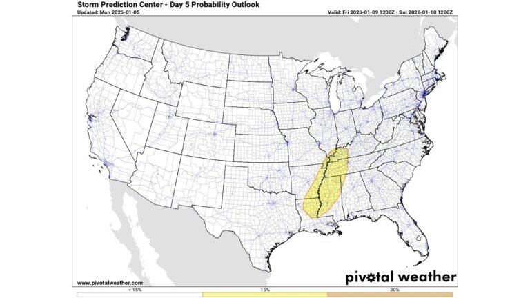 Mississippi, Alabama, Arkansas, Tennessee, and Louisiana Placed Under 15% Severe Weather Risk as SPC Flags Potential Weekend Storm Setup