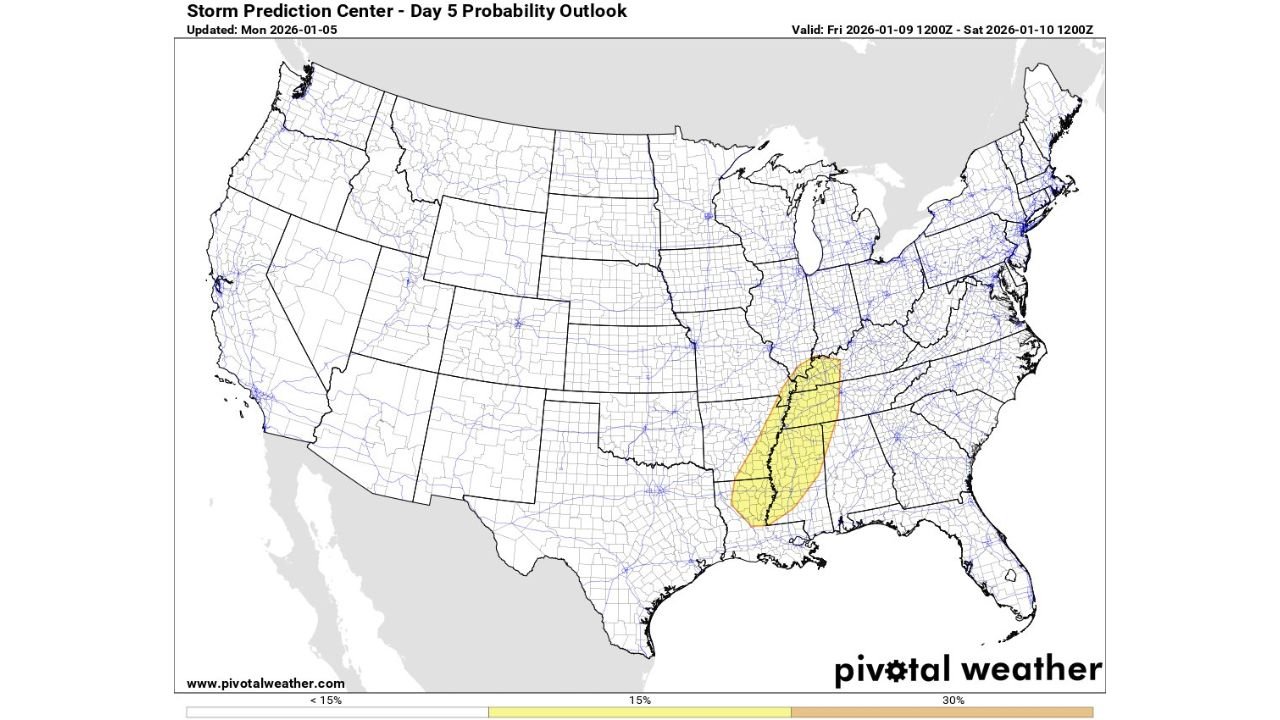 Mississippi, Alabama, Arkansas, Tennessee, and Louisiana Placed Under 15% Severe Weather Risk as SPC Flags Potential Weekend Storm Setup