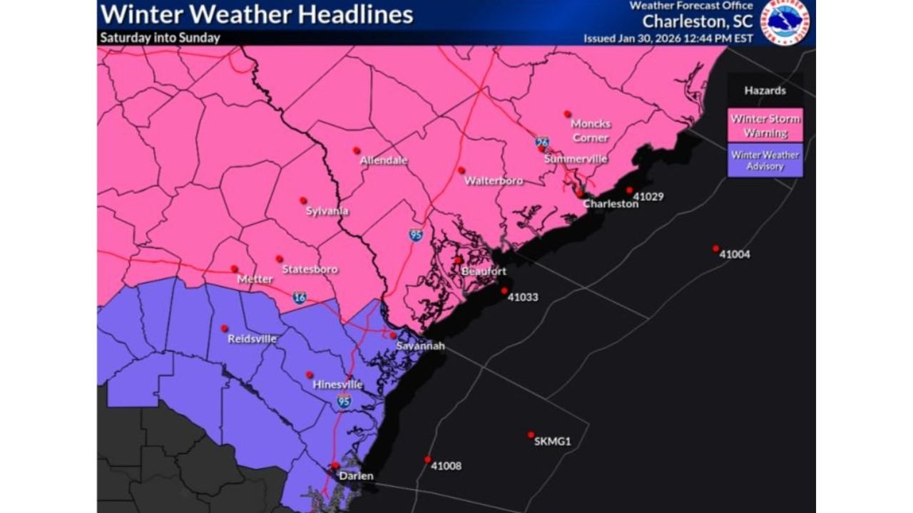 South Carolina Lowcountry and Coastal Georgia Placed Under Winter Storm Warning as Rare Snow Event Targets the Southeast