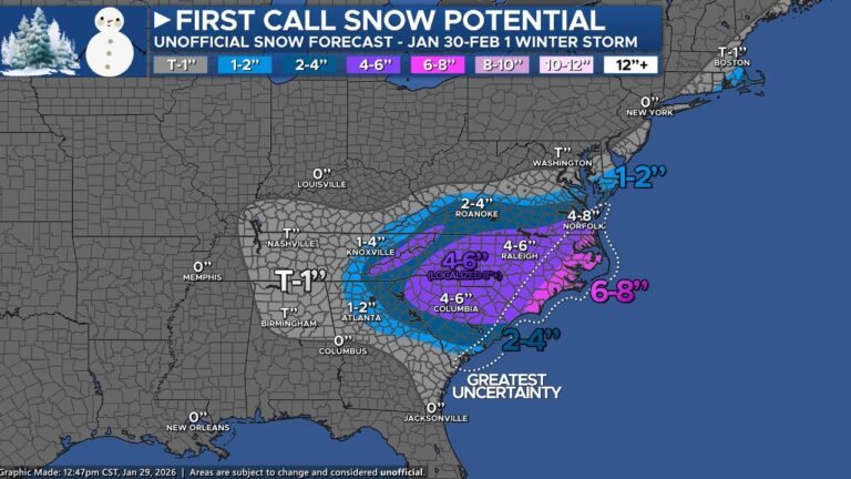 Southeast Winter Storm Could Dump 4–8 Inches of Snow Across the Carolinas as Arkansas Watches the Southern Edge