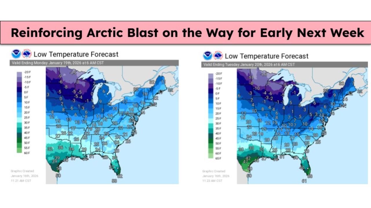 Southern States to the Great Lakes Brace for Reinforcing Arctic Blast Bringing Hazardous Cold Monday and Tuesday