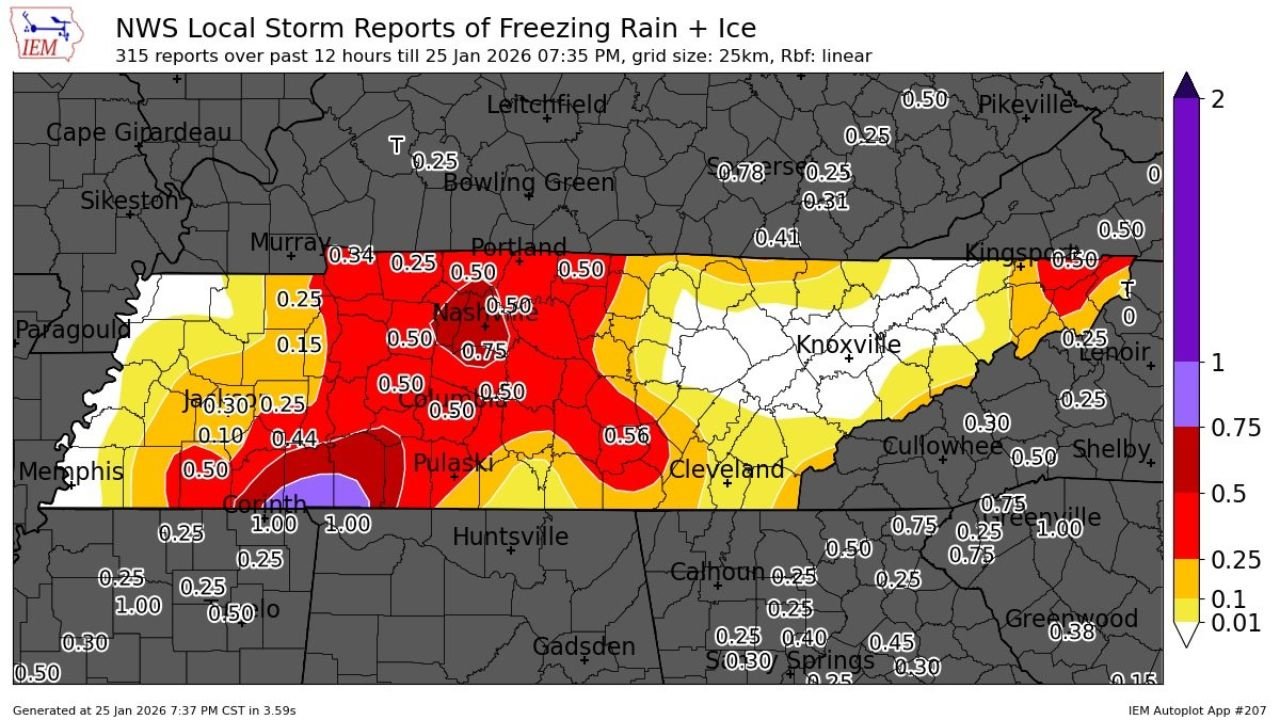 Tennessee Ice Storm Leaves Widespread Half-Inch to One-Inch Ice Accumulations From West Tennessee Through Middle Tennessee Into East Tennessee
