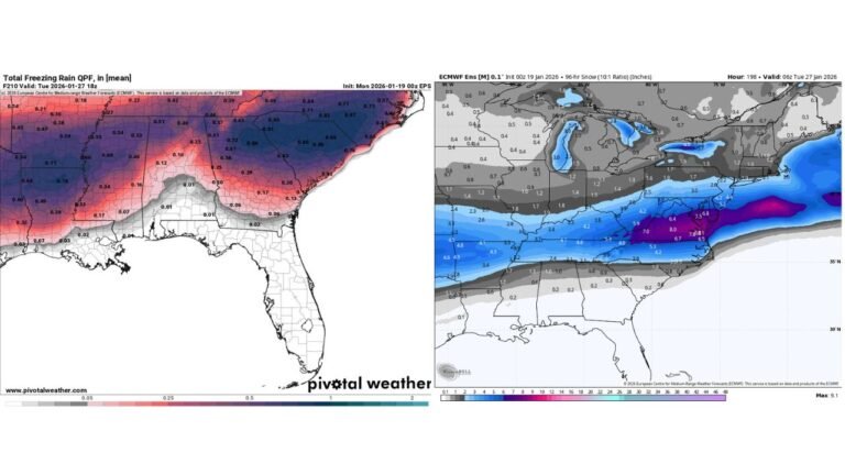 Texas, Oklahoma, Arkansas, Louisiana, Mississippi, Alabama, Georgia, South Carolina, and North Carolina Face High-Impact Winter Storm Threat With Snow and Dangerous Ice Jan. 24–27