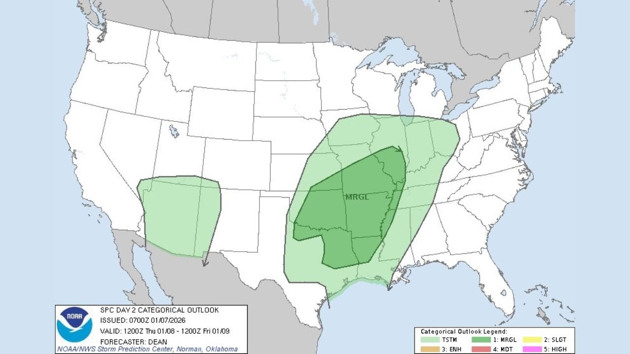 Texas, Oklahoma, Arkansas, Louisiana, Mississippi, and Tennessee Placed Under Marginal Severe Weather Risk as SPC Highlights Day 2 Storm Threat