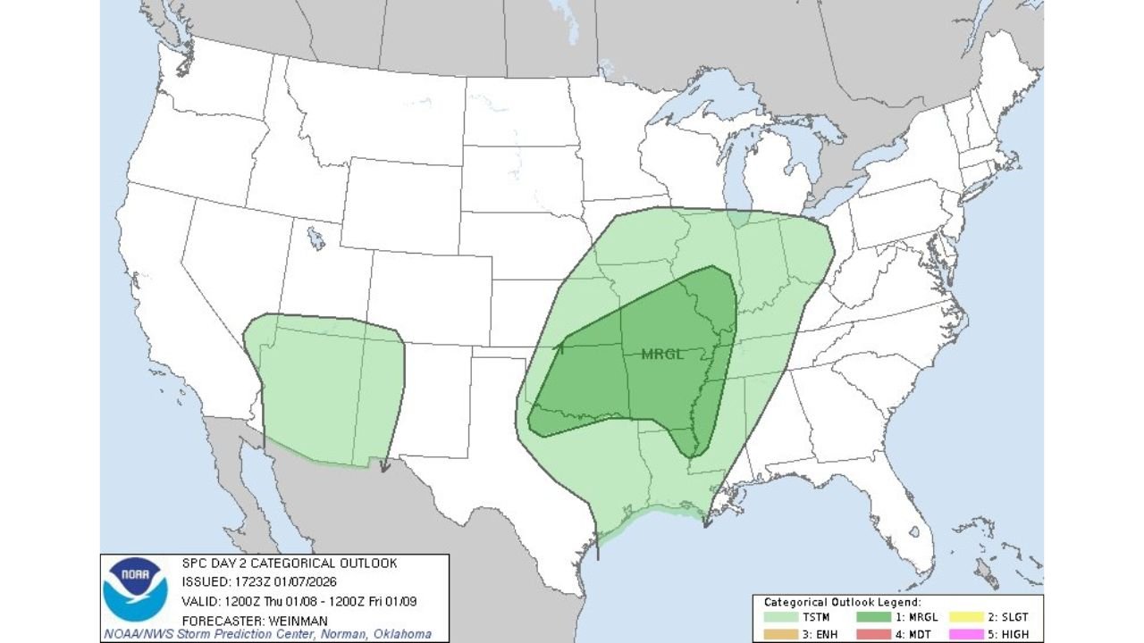 Texas, Oklahoma, Arkansas, Louisiana, and Mississippi Face Marginal Severe Storm Risk as SPC Flags Southern Plains to Lower/Mid Mississippi Valley