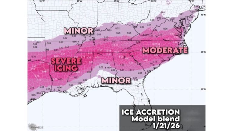 Texas, Oklahoma, Arkansas, Tennessee, Kentucky, Georgia, Alabama, North Carolina, and Virginia Face Dangerous Freezing Rain and Ice Accretion From Saturday Through Early Monday