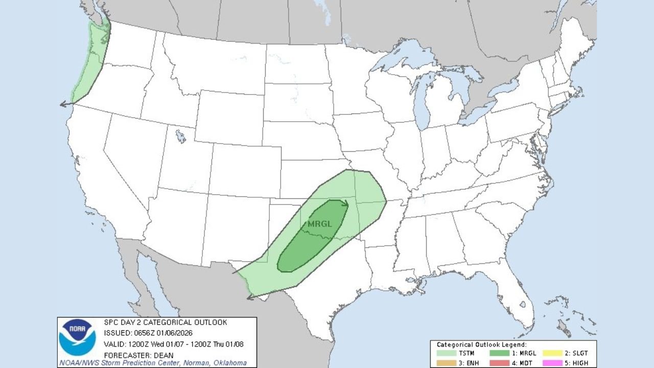 Texas and Oklahoma Face Marginal Severe Weather Risk as Storm System Targets West and North Texas Into Thursday