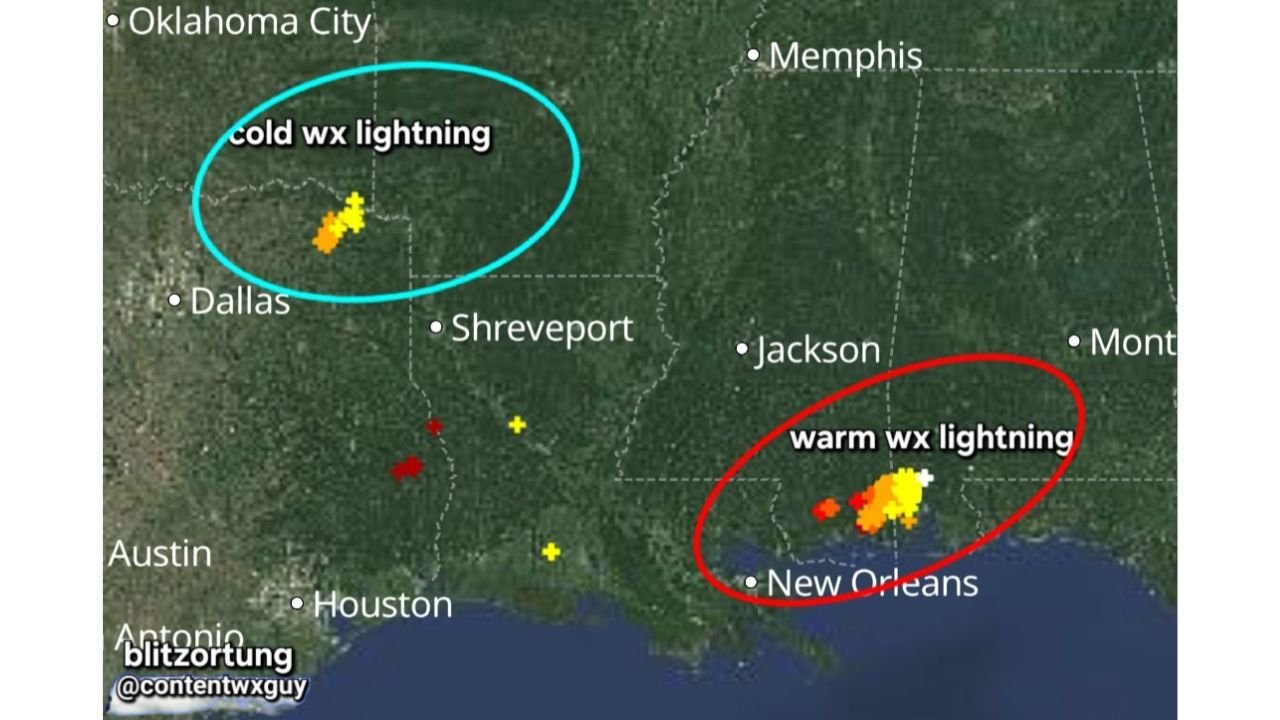 Thunder and Lightning Break Out During Icing Event Across Northeast Texas as Winter Storm Shows Split Personality
