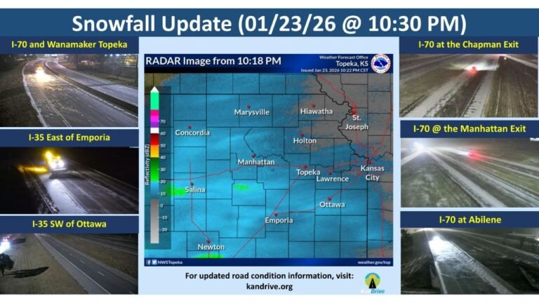 Topeka, Kansas Roads Turn Slick as Light to Moderate Snow Spreads Overnight With Accumulations Increasing