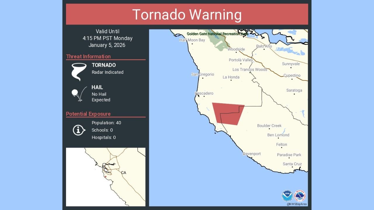 Tornado Warning Remains in Effect for San Mateo County and Santa Cruz County, California as Radar-Indicated Rotation Triggers Rare Bay Area Alert