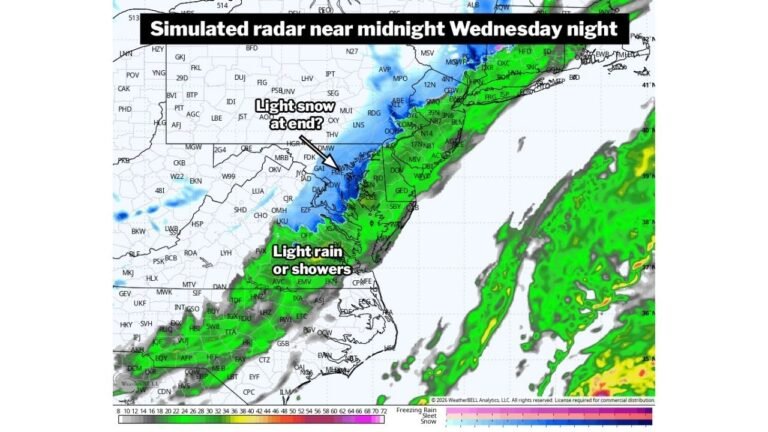 Virginia, Maryland, and North Carolina Could See Rain Flip to Late-Night Snowflakes Wednesday as Arctic Front Brings a Colder Thursday
