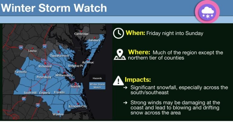 Virginia Winter Storm Watch Issued as Powerful Snow, Strong Coastal Winds, and Flooding Threats Loom Through Sunday