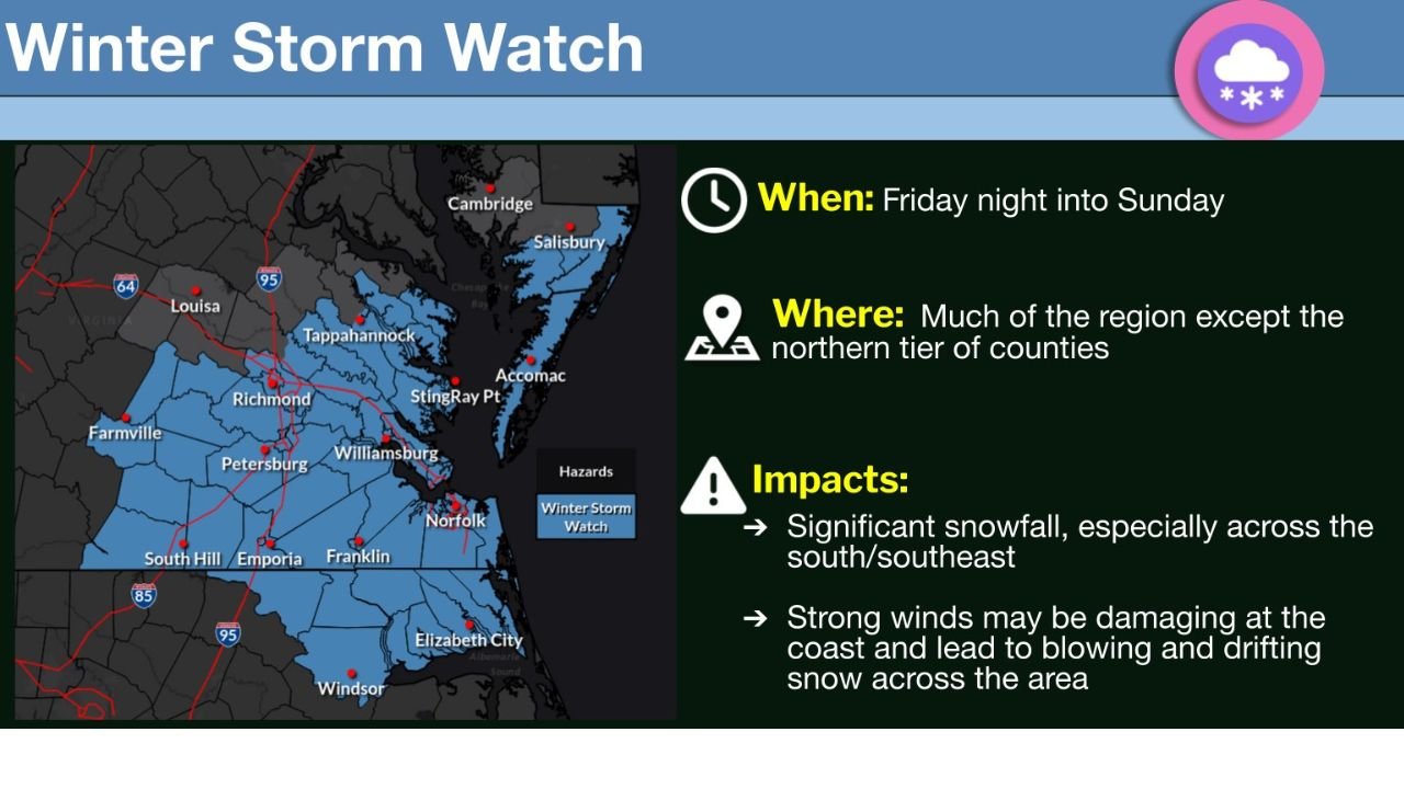 Virginia Winter Storm Watch Issued as Powerful Snow, Strong Coastal Winds, and Flooding Threats Loom Through Sunday