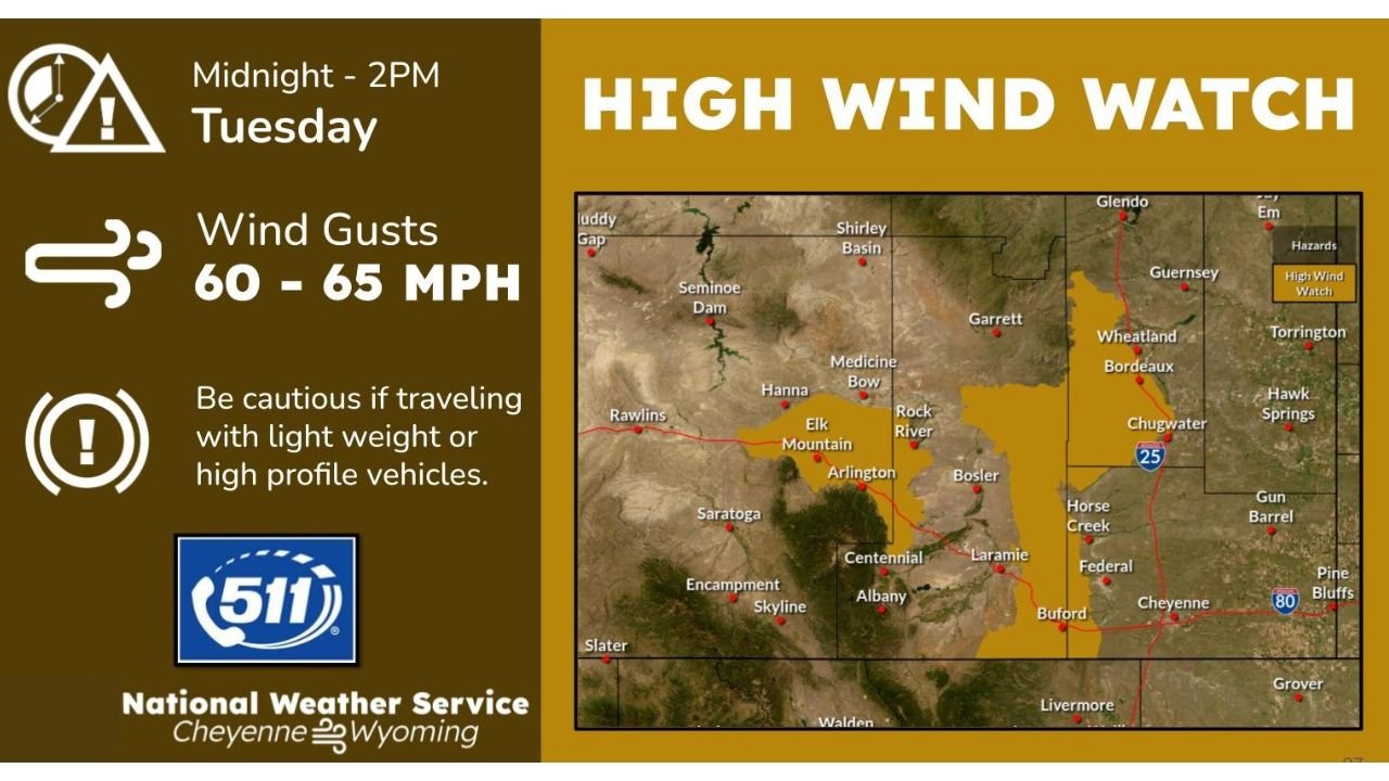 Wyoming High Wind Watch Issued as Southeast Wyoming Braces for 60–65 MPH Gusts Late Monday Night Into Tuesday Afternoon