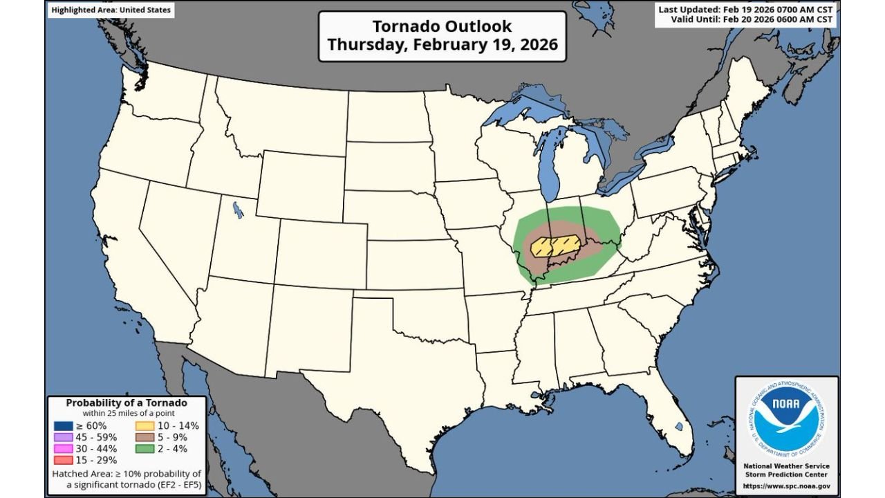 10% Significant Tornado Risk Added for Illinois and Indiana as Enhanced Threat Targets Ohio Valley Today