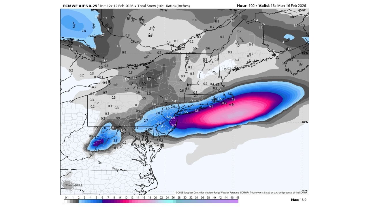 AI European Model Breaks From the Pack, Projects Sunday Night–Monday Snowstorm Reaching Central New Jersey and the NYC Metro While Other Forecasts Keep It Suppressed South
