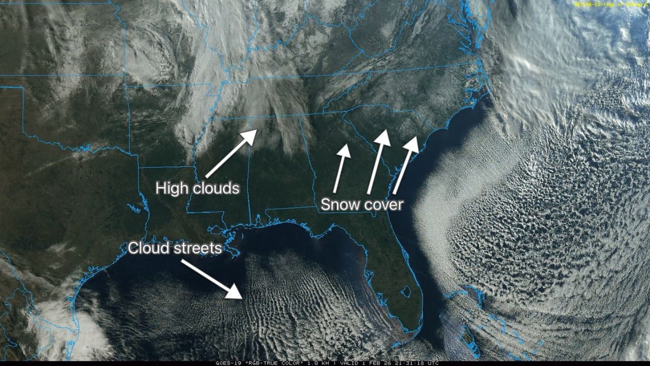 Arctic Air Over the Southeast Creates Rare ‘Cloud Streets’ as Snow Cover and Ocean Contrast Show Up on Satellite Imagery