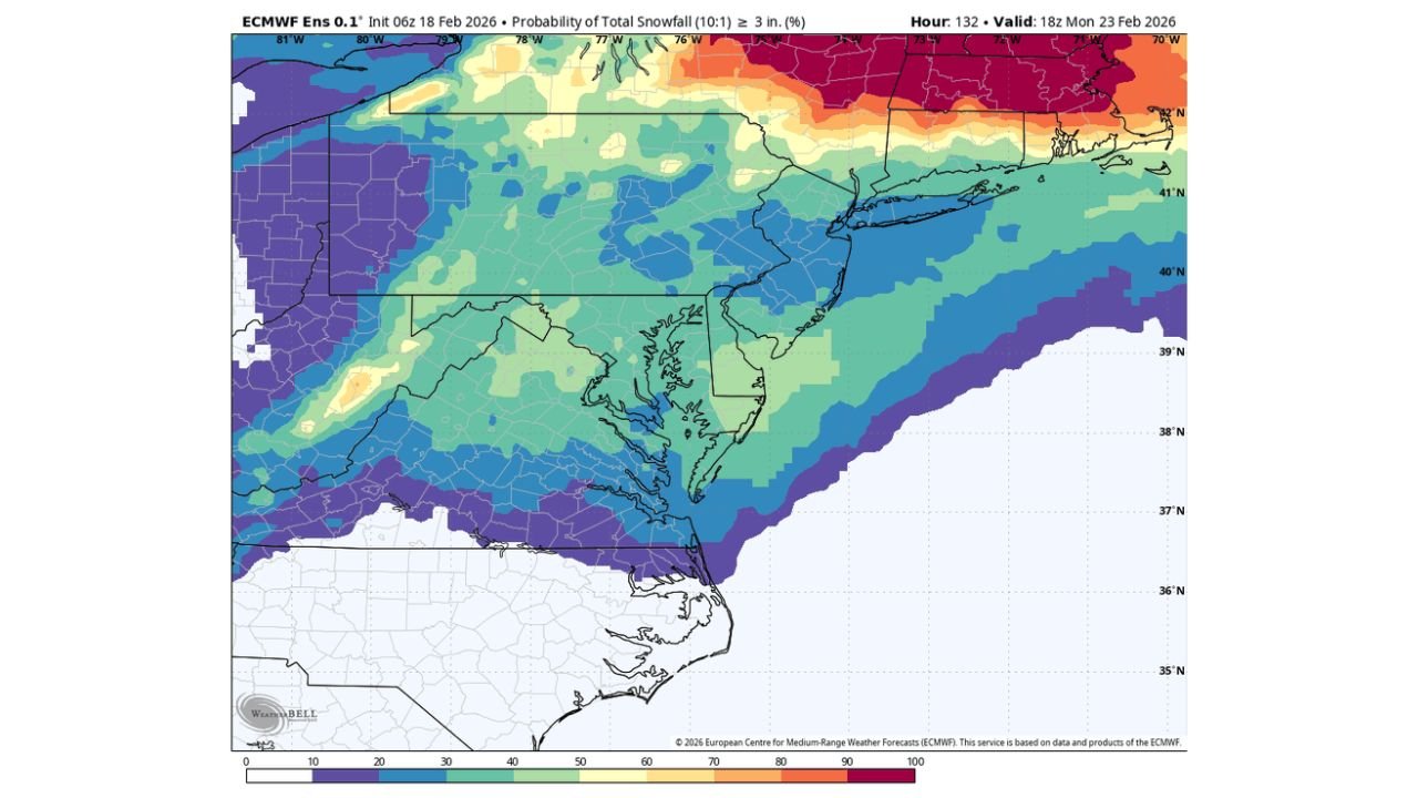 Baltimore Metro Faces Uncertain Sunday–Monday Storm as Model Odds for 3” Snow Range From 10% to 50%