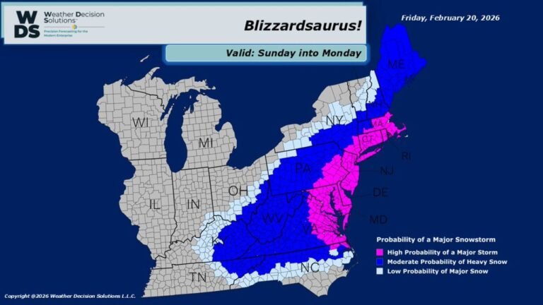 “Blizzardsaurus” Takes Aim at East Coast: Major Snowstorm Threat From Virginia and Maryland to New York and New England Sunday Into Monday
