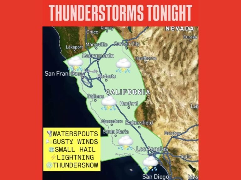 California and Nevada Face Strong Thunderstorms Tonight With 50 MPH Wind Gusts, Small Hail, Lightning and Possible Waterspouts Along the Coast