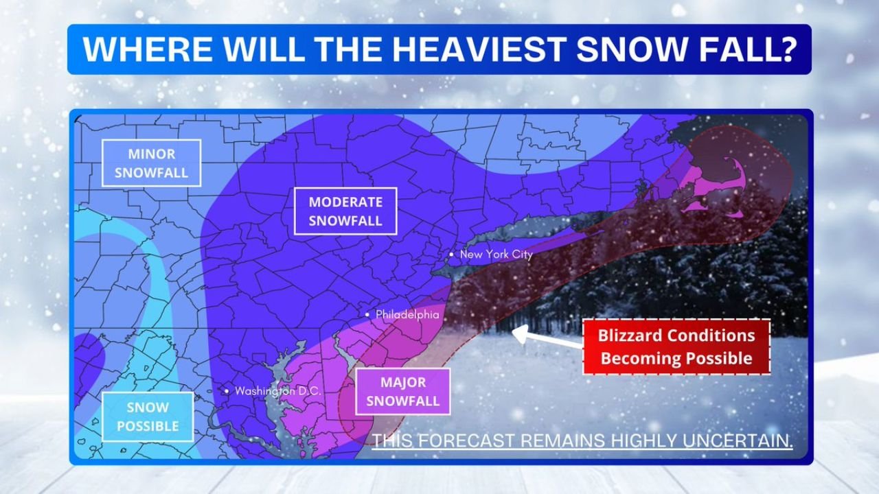 Coastal Snowstorm Threat Targets I-95 Corridor From Washington, D.C. to New York and Boston, With Blizzard Conditions Possible but Track Still Uncertain