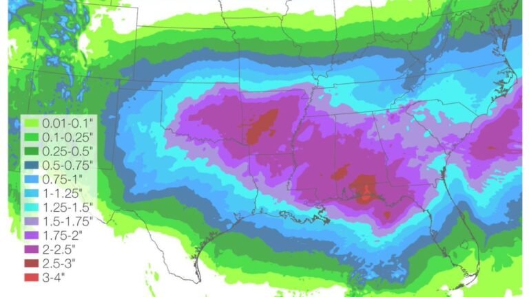 Southern U.S. Storm System to Dump 2–4 Inches of Rain Across Texas, Louisiana, Mississippi, Alabama and Georgia, Flash Flood Risk Through Sunday