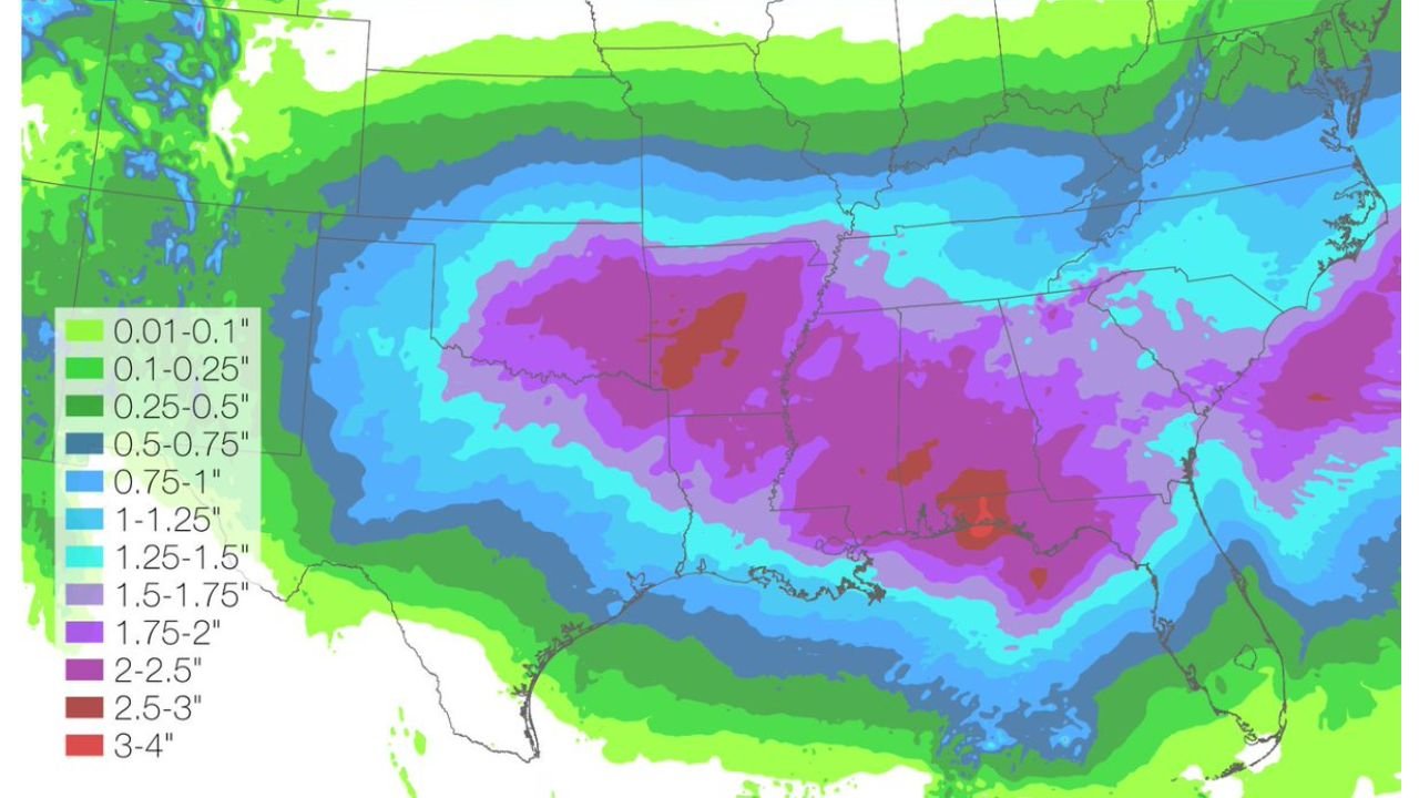 Southern U.S. Storm System to Dump 2–4 Inches of Rain Across Texas, Louisiana, Mississippi, Alabama and Georgia, Flash Flood Risk Through Sunday