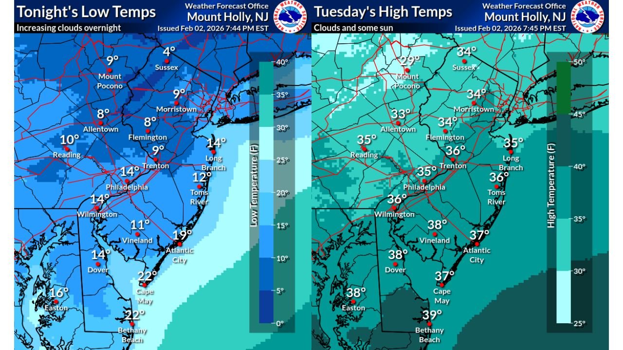 Deep Freeze Tonight Followed by a Cloudy Thaw Tuesday Across Pennsylvania, New Jersey, Delaware, and Eastern Maryland