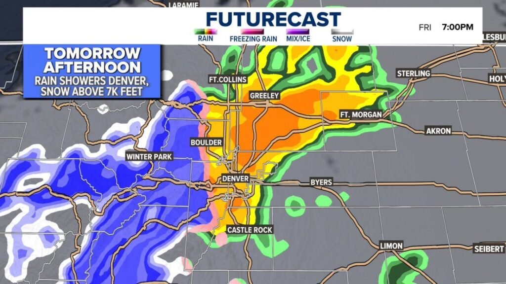 Denver Rain Showers After 3PM While Mountain Snow Above 7,000 Feet Targets Winter Park and I-70 Ski Corridors; 60s Return by Sunday and Monday
