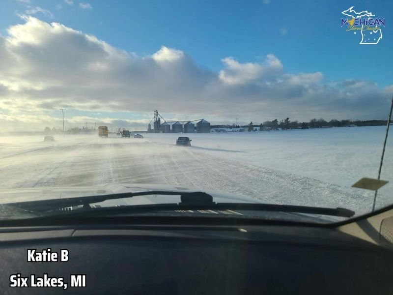 Drifting Snow Along M-46 Near Six Lakes, Michigan Turns Highway Into “Vehicle Graveyard” as 30+ MPH Wind Gusts Bury Lanes