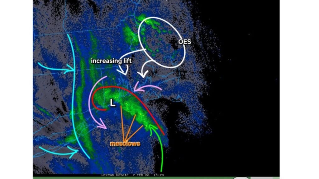 Eastern Massachusetts Braces for Intensifying Snow as Ocean-Effect Bands, Mesolows, and Inverted Trough Converge Inland