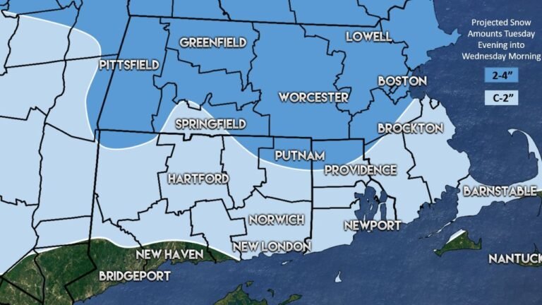 Fast-Moving Clipper Brings Accumulating Snow to Southern New England Late Tuesday, With Heaviest Totals North of the Coast