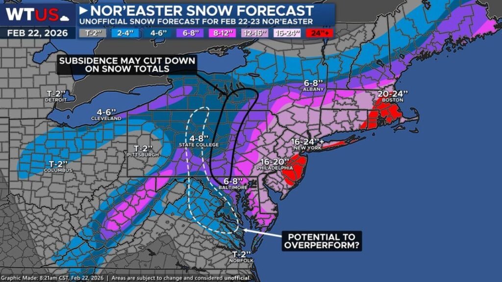 Feb 22–23 Nor’easter Blizzard Warning: New Jersey, New York, Long Island and Massachusetts Bracing for 16–24+ Inches as Snow Bands Intensify Toward Boston