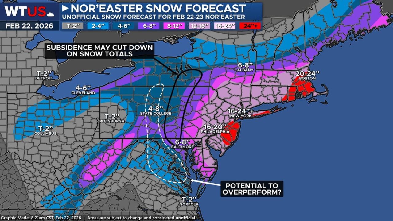 Feb 22–23 Nor’easter Blizzard Warning: New Jersey, New York, Long Island and Massachusetts Bracing for 16–24+ Inches as Snow Bands Intensify Toward Boston