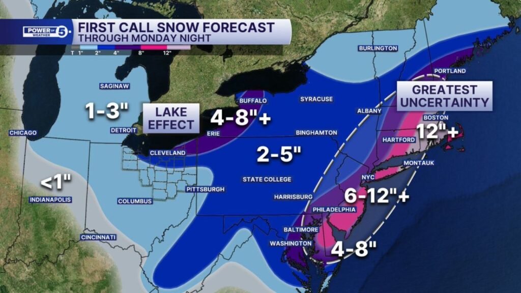 First Call Snow Map Shows 6–12+ Inches From Philadelphia to New York and 12+ Near Boston, But NYC Range Swings From 2–5 to 8–12+