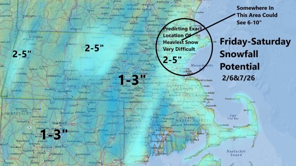 Friday–Saturday Snow Targets Connecticut, Rhode Island and Massachusetts, With a Small Zone That Could Surprise at 6–10 Inches