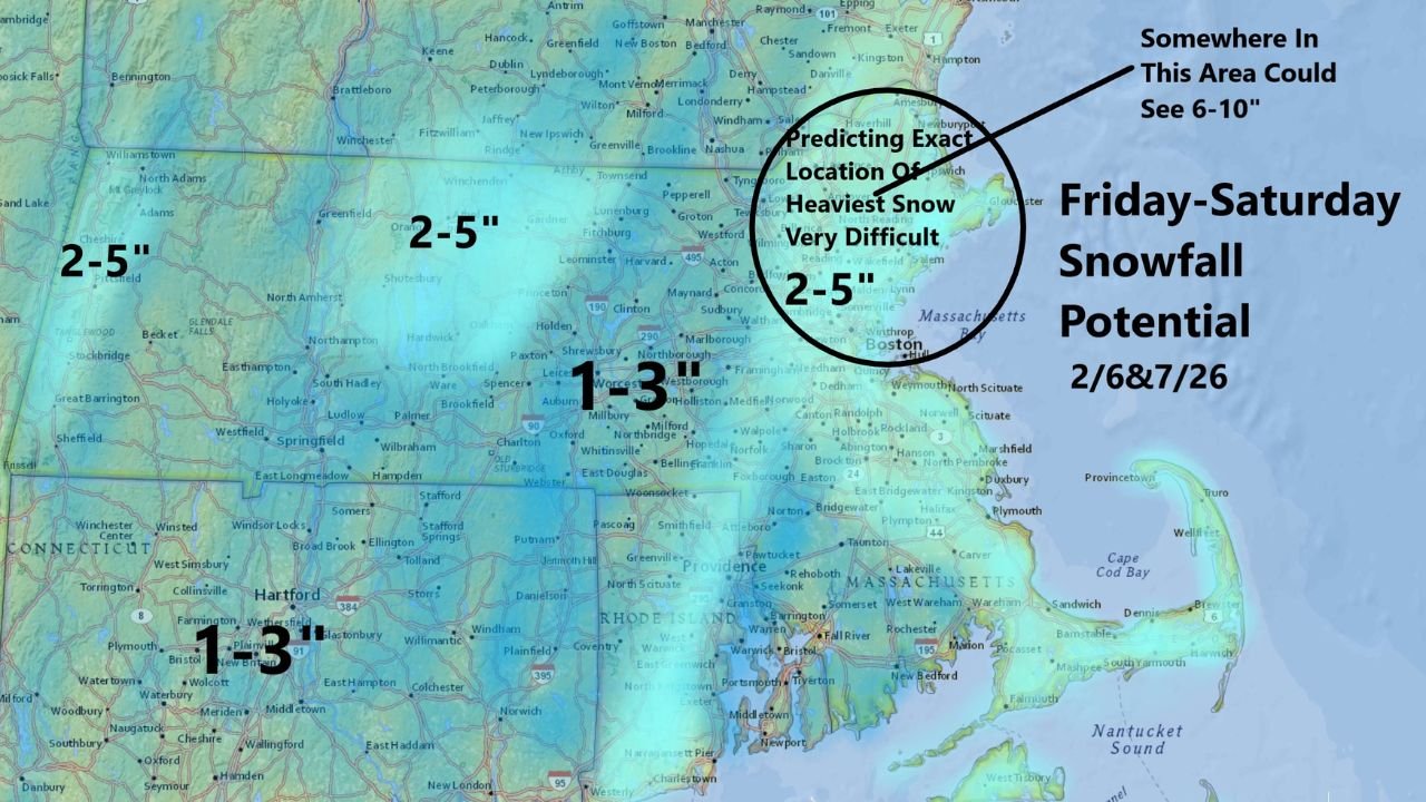 Friday–Saturday Snow Targets Connecticut, Rhode Island and Massachusetts, With a Small Zone That Could Surprise at 6–10 Inches