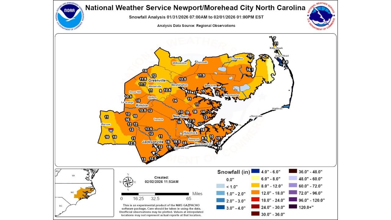 Greenville, New Bern, Jacksonville, Washington, and Eastern North Carolina Shatter Snow Records With First Widespread 12-Inch Storm Since 1989